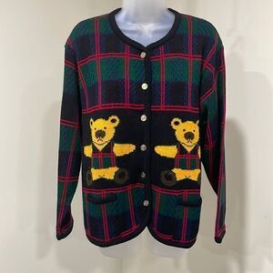 NWOT VTG Tally Ho Plaid Bear Cardigan Sweater. Size L large 12/14